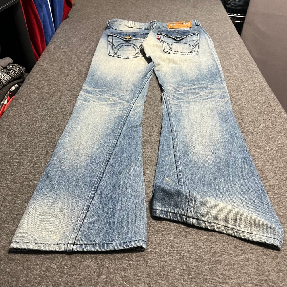 Edwin Blue Trip BT5012 Distressed Flare Jeans Mens 28x34 Heavy Wash Stitching